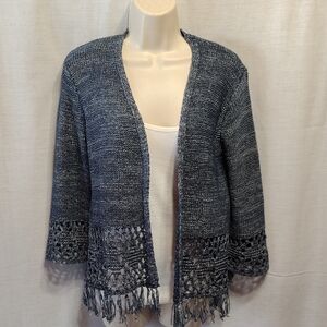 Elegant Navy Open-Front Cardigan with Fringe